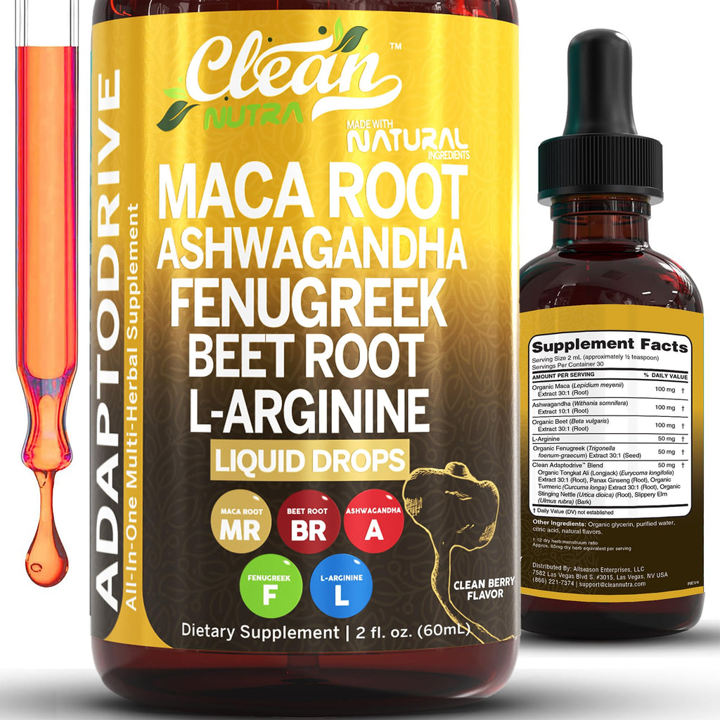 Clean Nutra Organic Maca Root Liquid Drops with Ashwagandha, Fenugreek, Beet Root and L-Arginine Liquid Multivitamin