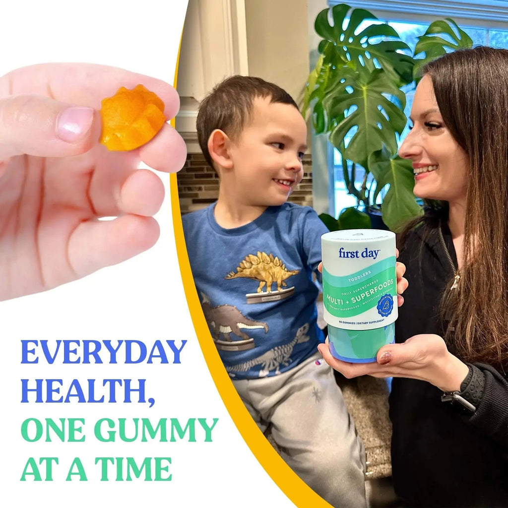 FIRST DAY Toddler Multivitamin Gummies (Ages 2-3)| Kids Multivitamin Gummies with Vitamins A C D3, B2, B12, Choline, Folate and 21 Organic Superfoods| (30 Day Supply) FIRST DAY Au supplements