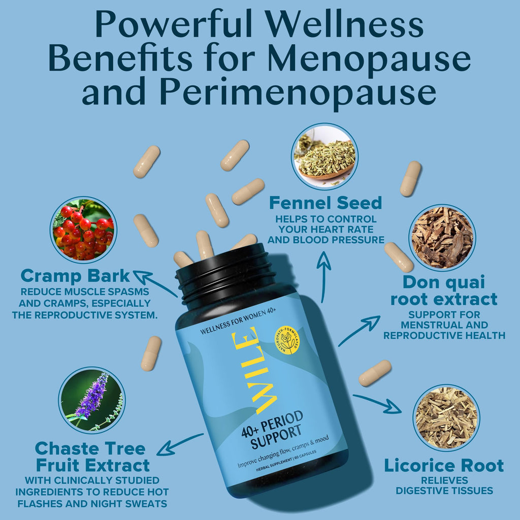 WILE Menopause and Perimenopause Supplements for Women - Menstrual Cramp, PMS and Heavy Period Relief with Dong Quai - Premenopausal Support for Hormone Balance & Improved Mood, Vegan, 30 Servings WILE Au supplements