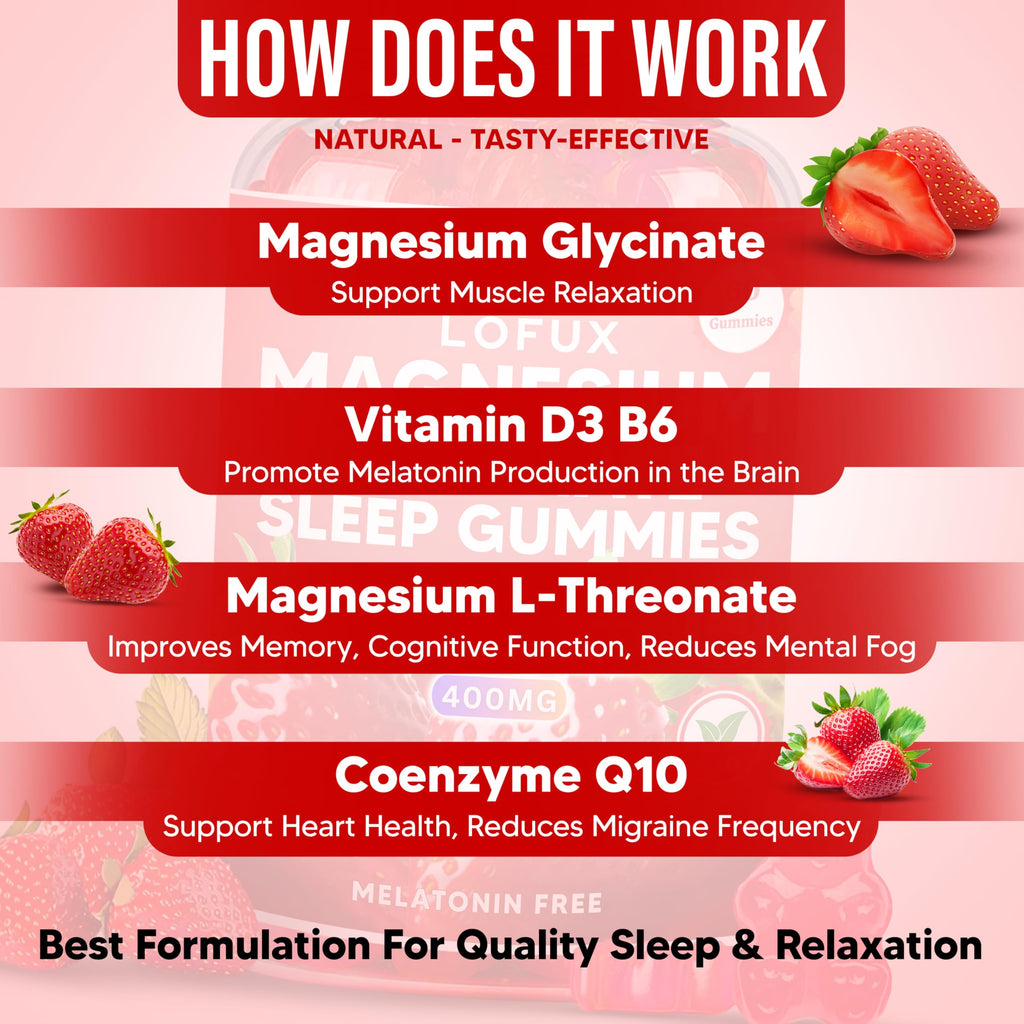 Lofux Magnesium Glycinate Gummies 400mg, Sugar Free Magnesium Gummies for Adults Women, Men, Chewable Supplement Gummy with L-Threonate, Vitamin D, B6, CoQ10
