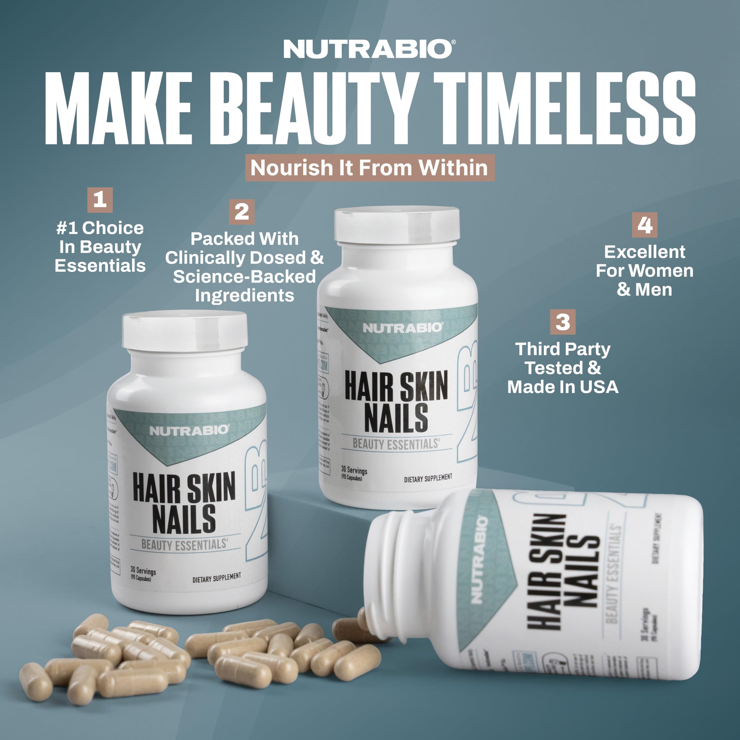 NutraBio Hair Skin Nails Vitamins | Enhanced Collagen Support | Skin Hydration | Hair Growth Vitamins for Women with Biotin, Keratin, Hyaluronic Acid & More - 90 Capsules NutraBio Au supplements