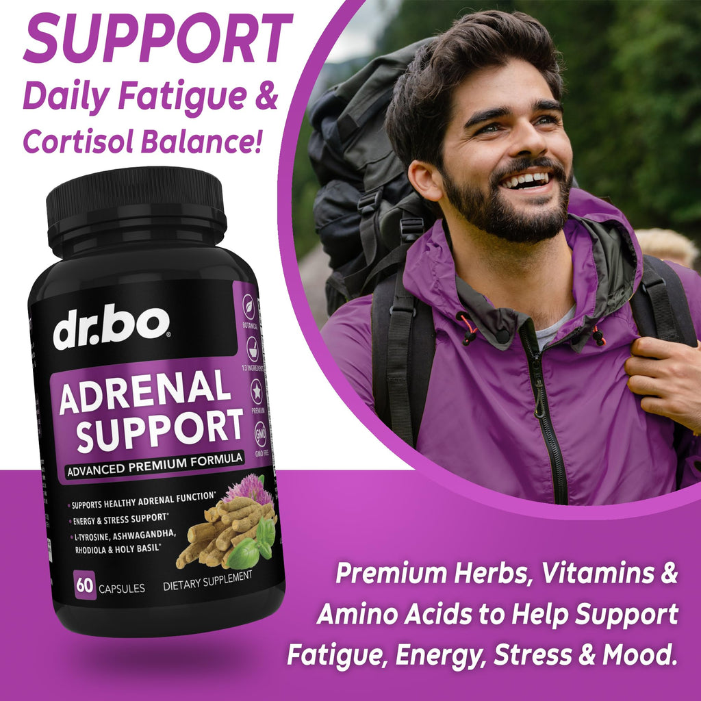 Adrenal Support Cortisol Manager Supplement - Adrenal Fatigue Supplements for Women & Men with Natural Adaptogen Ashwagandha Holy Basil Rhodiola L Tyrosine Complex Fatigue Cortisol Health - 60 Pills DR. BO Au supplements