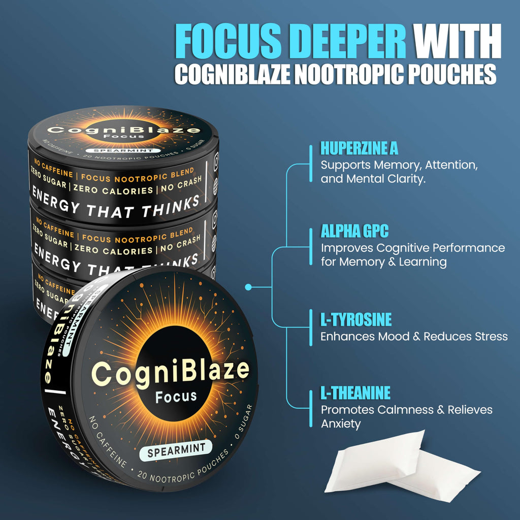 CogniBlaze Nootropic Pouches Caffeine Free (Spearmint) | 80 Focus Pouches for Clarity | 4 Pack (20 Per Can) | Mental Energy Pouches | 25mcg Huperzine A per Nootropic Pouch | Zero Calories CogniBlaze Au supplements