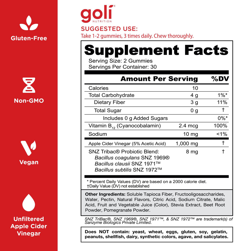 Goli Zero Sugar Apple Cider Vinegar Gummies - ACV with Vitamin B12 and Probiotics - No Sugar Alcohols - Vegan, Keto-Friendly, Gluten-Free