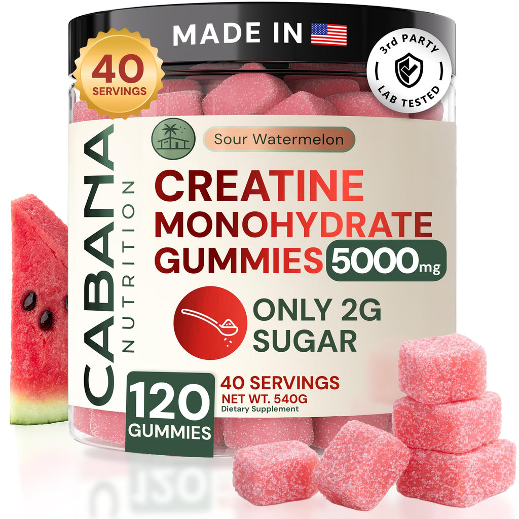 Creatine Monohydrate Gummies 5g - Only 2g Sugar, Made in USA - Sour Watermelon Flavor - Vegan & 3rd Party Tested - Pre & Post Workout Supplement for Women and Men (120 Count, 40 Servings)