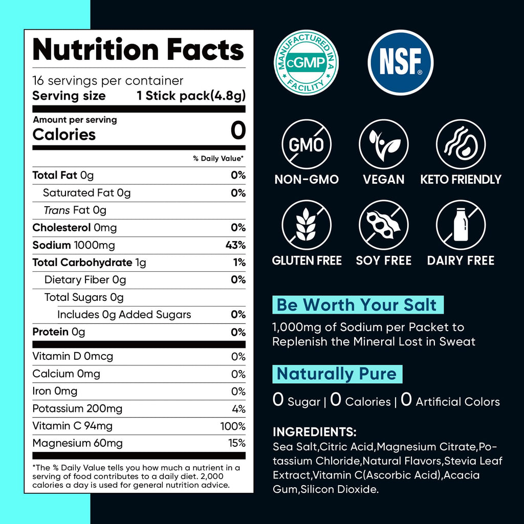 Venture Pal High Sodium Sugar Free Electrolytes Powder Packet, Zero Calories Hydration Packets with Vitamin, Sodium, Potassium & Magnesium, Electrolyte Drink Mix