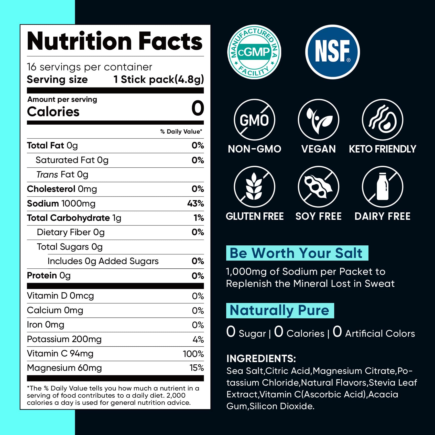 Venture Pal High Sodium Sugar Free Electrolytes Powder Packet, Zero Calories Hydration Packets with Vitamin, Sodium, Potassium & Magnesium, Electrolyte Drink Mix