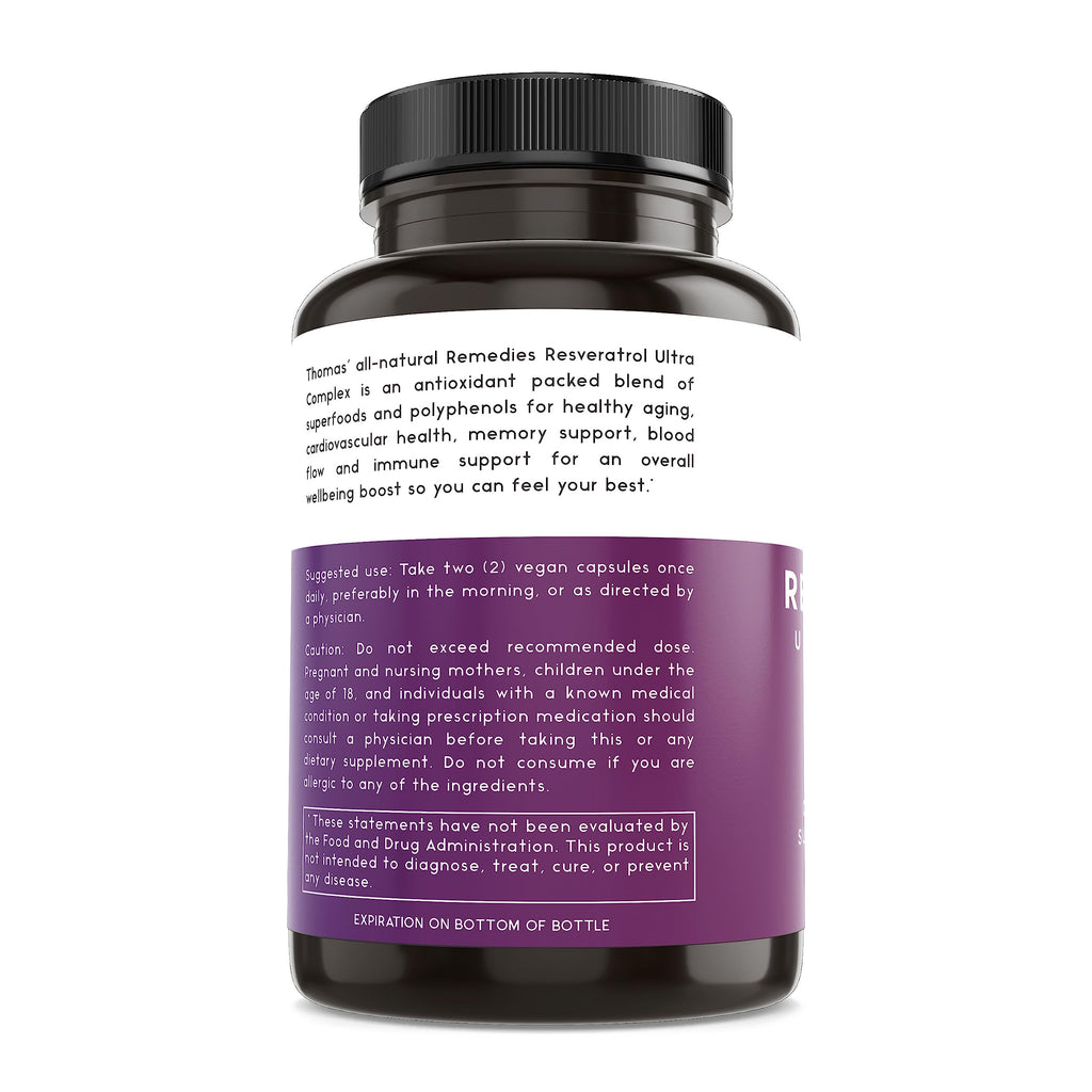 Thomas' all-natural Remedies Resveratrol 1600mg Organic Trans-Resveratrol Antioxidant Supplement with Organic Grape Seed Extract and Quercetin