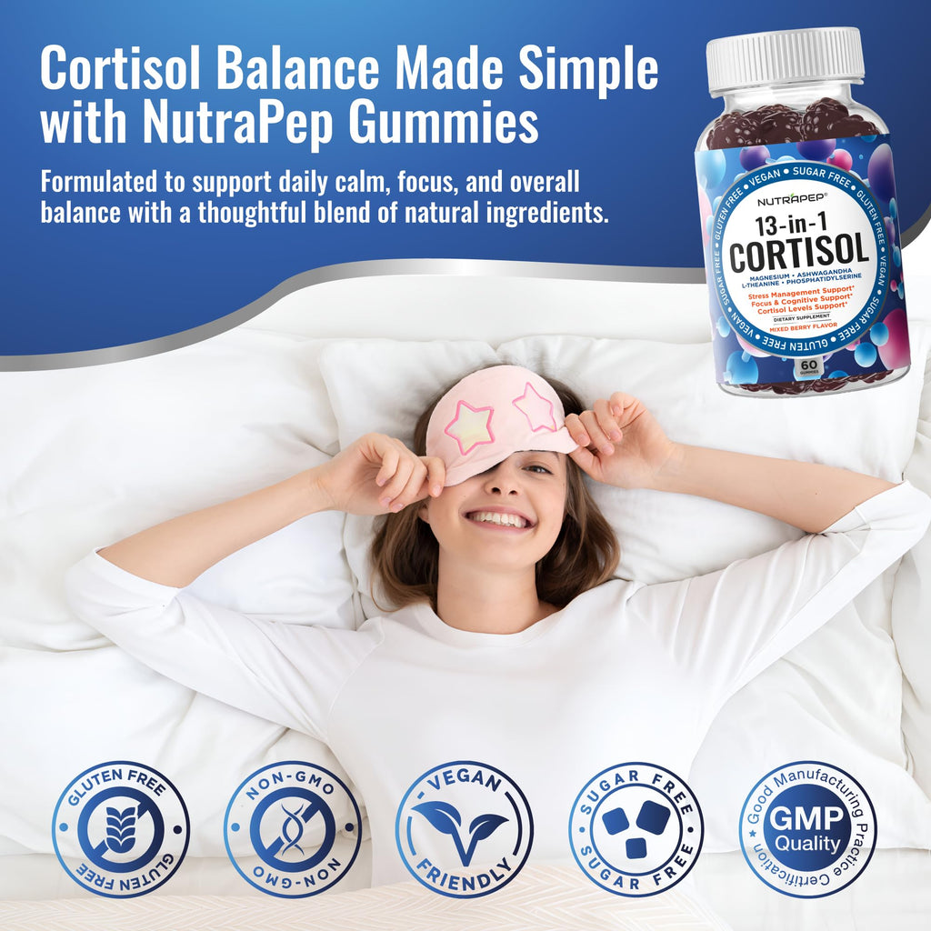 NutraPep Cortisol Gummies for Women Men - 13-in-1 High Cortisol Reducer with Ashwagandha Magnesium L-theanine Rhodiola Rosea - Daily Cortisol Detox Manager for Stress Focus Support - Vegan Sugar Free