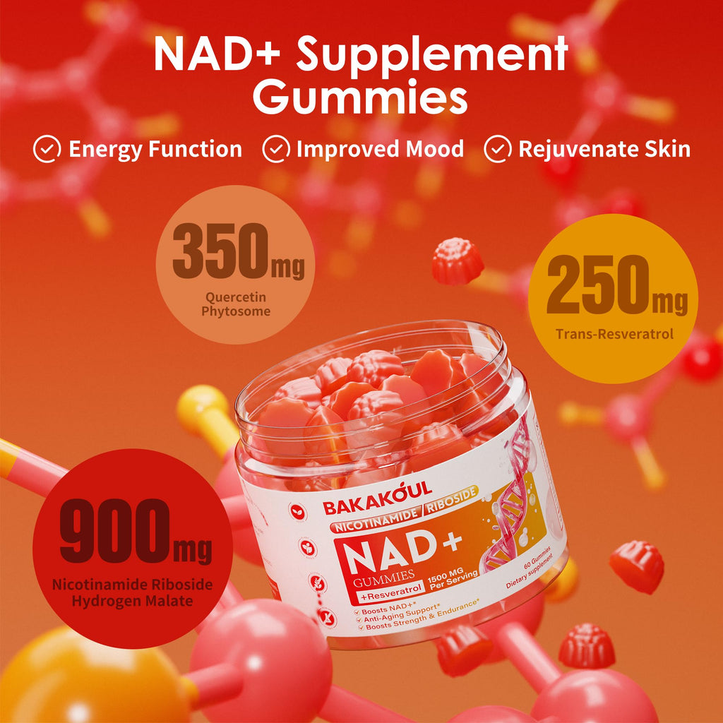 BAKAKOUL NAD Gummies, NAD Supplement - Liposomal Nicotinamide Riboside, Resveratrol, Quercetin, NAD Nicotinamide Riboside Resveratrol 900mg, NAD+ Supplement for Men and Women, 60 Gummies 1 Pack BAKAKOUL Au supplements