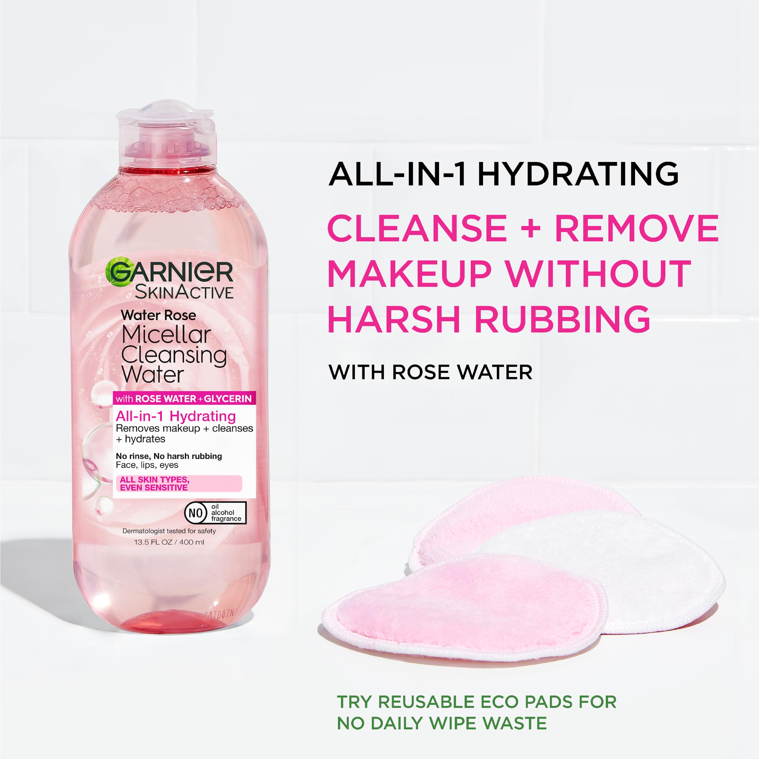 Garnier Micellar Water with Rose Water and Glycerin, Hydrating Facial Cleanser & Makeup Remover, For All Skin Types