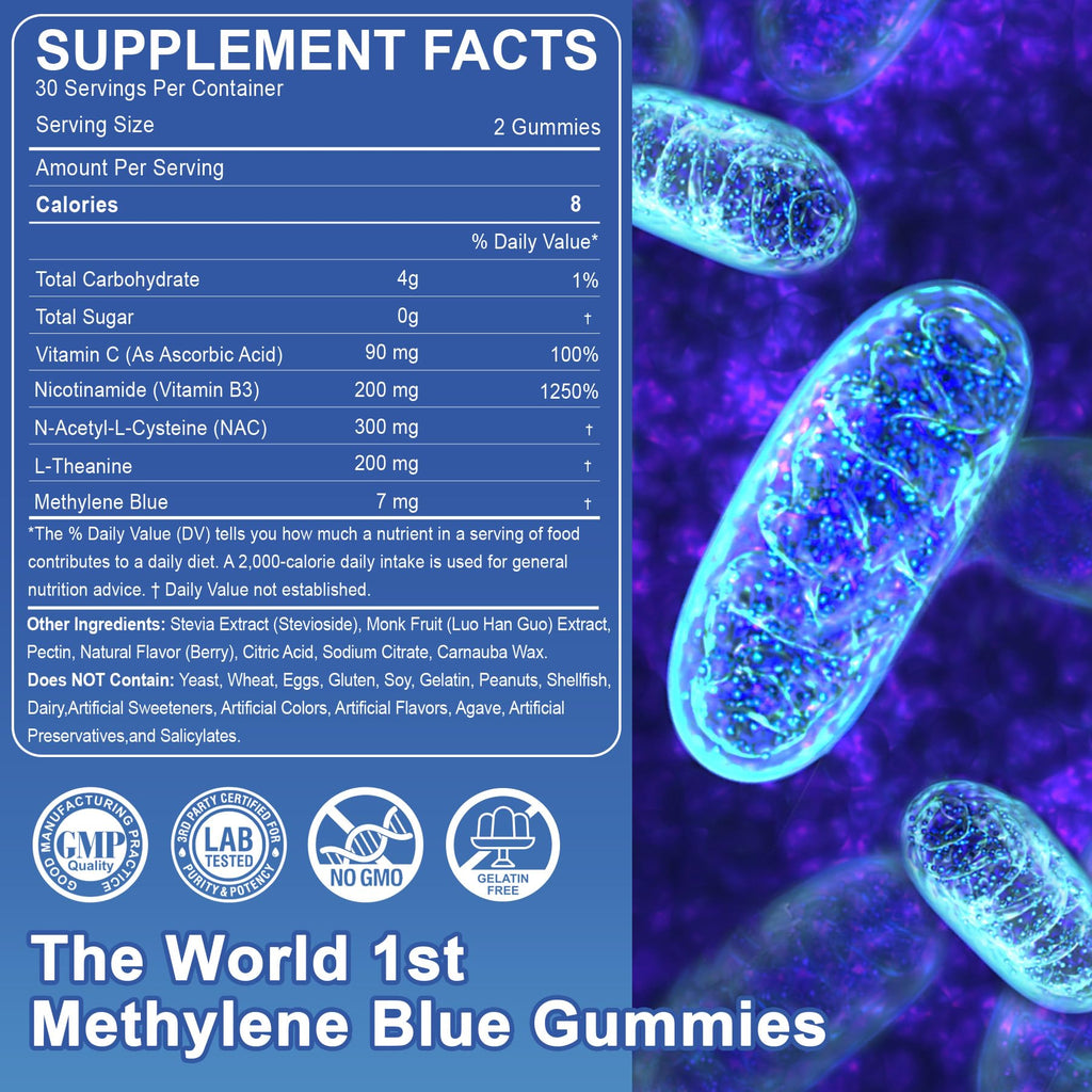 LILICARE Methylene Blue Gummies 7mg Per Serving for Humans | Upgraded Antioxidant & Brain Booster Supplement for Cognitive Function, Energy