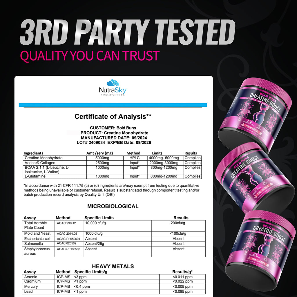 Bold Buns Creatine for Women – Supplement with Collagen & BCAA – Supports Muscle Development, Post-Workout Recovery, Skin Elasticity,