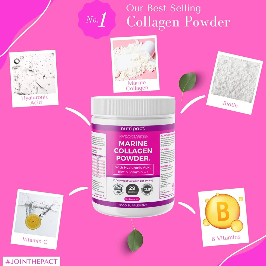 Hydrolysed Marine Collagen Peptides Powder with Hyaluronic Acid, Biotin, Vitamin C & B Vitamins – 10,000mg Collagen nutripact Au supplements
