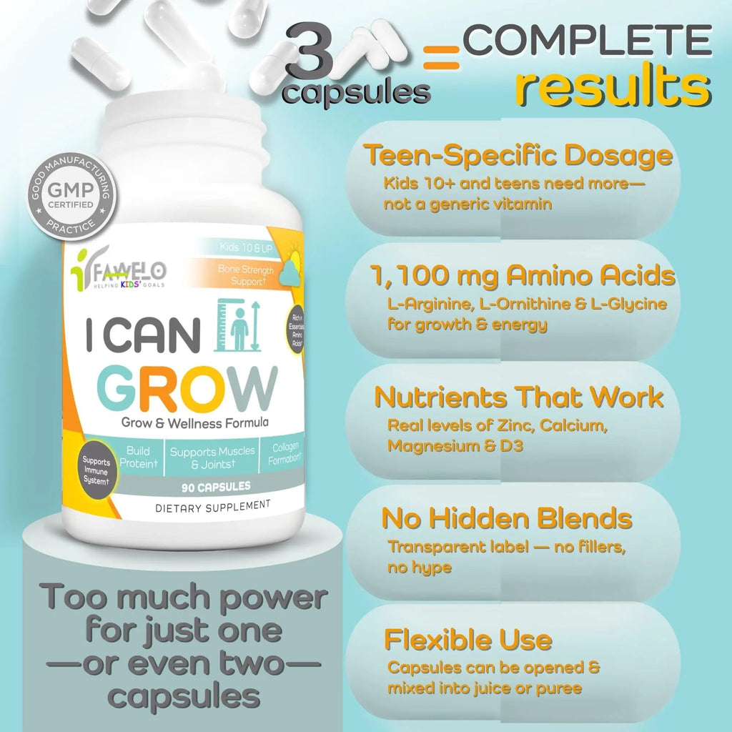 Fawelo I Can Grow Day-Time for Kids 10+ & Teens | Growth & Development Support with L-Arginine, Colostrum, Calcium, D3, Magnesium, Zinc | Fawelo Au supplements