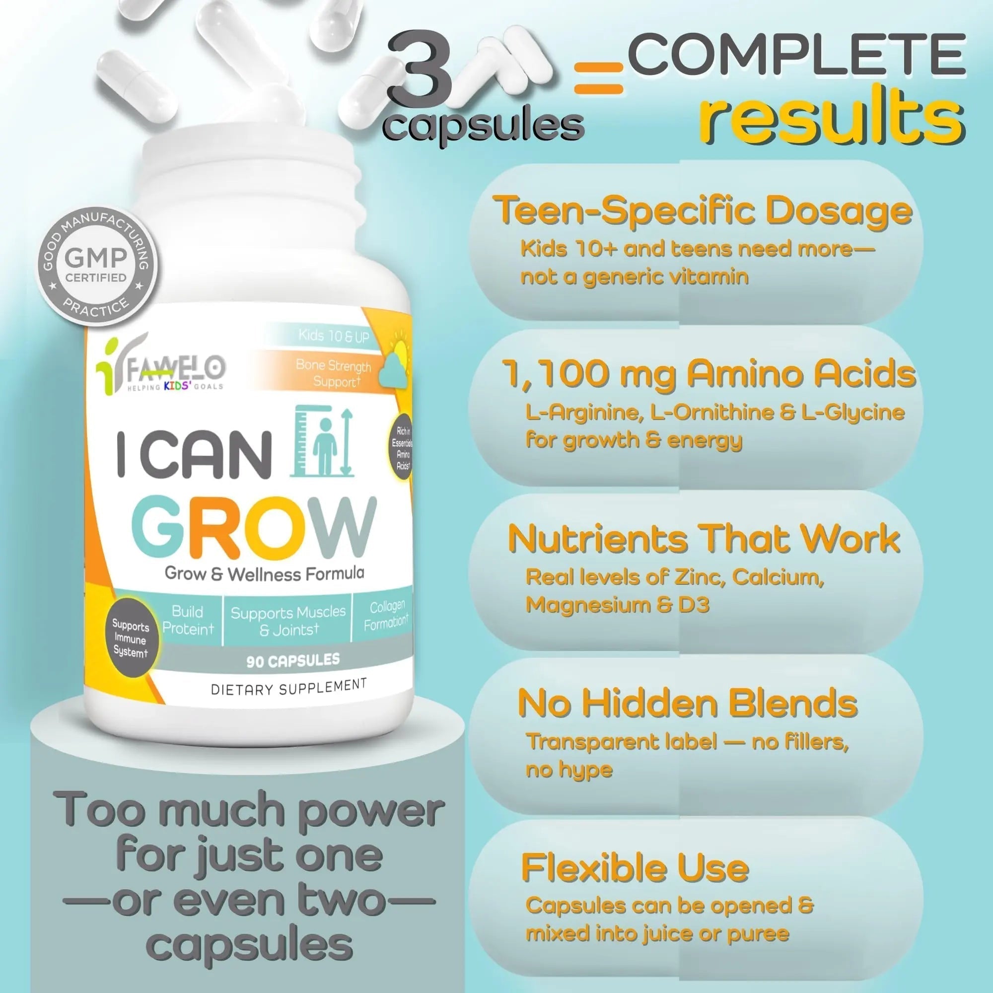 Fawelo I Can Grow Day-Time for Kids 10+ & Teens | Growth & Development Support with L-Arginine, Colostrum, Calcium, D3, Magnesium, Zinc | Fawelo Au supplements