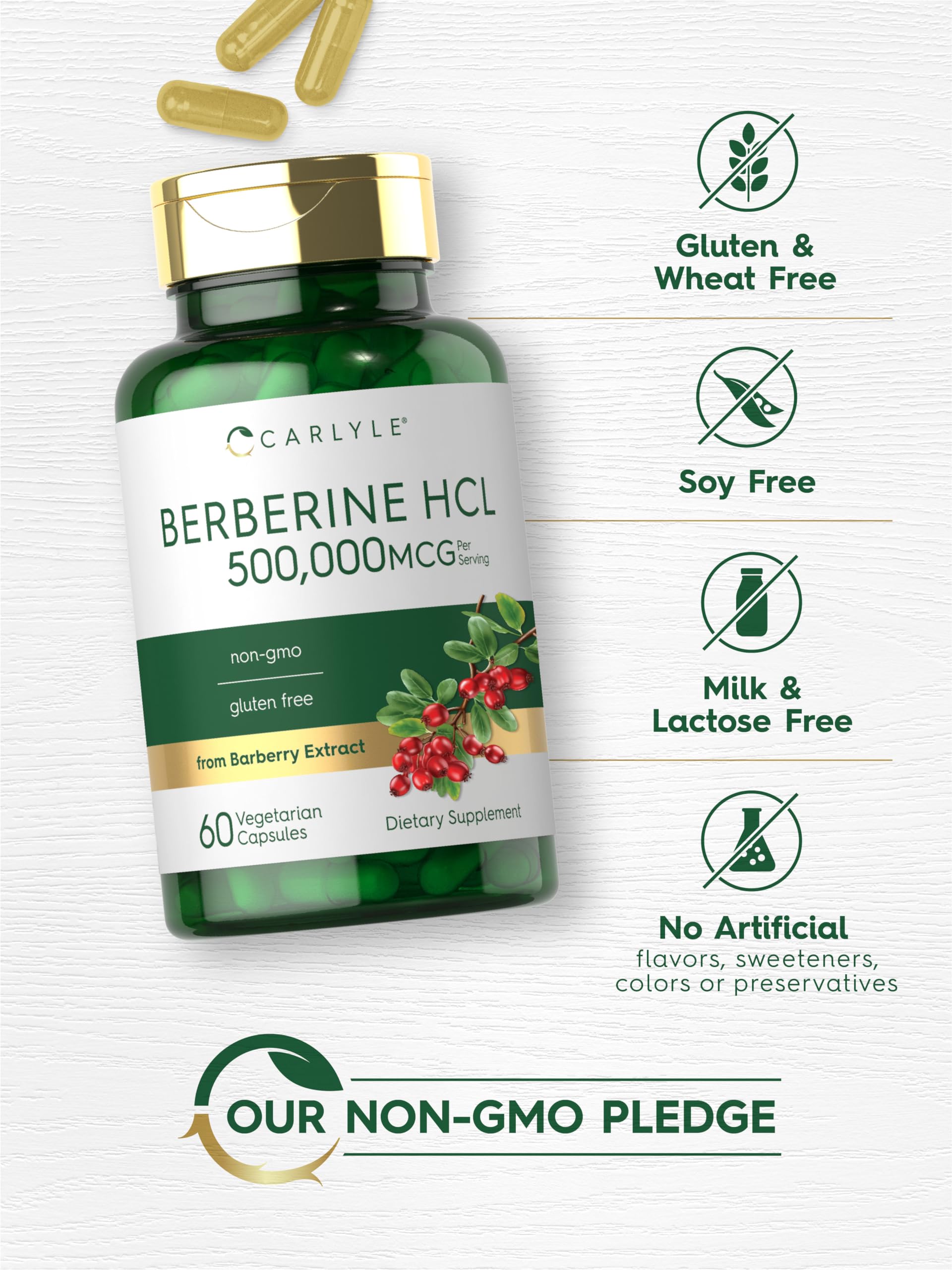 Carlyle Berberine HCL Supplement | 500,000mcg | 60 Capsules | Vegetarian, Non-GMO, Gluten Free