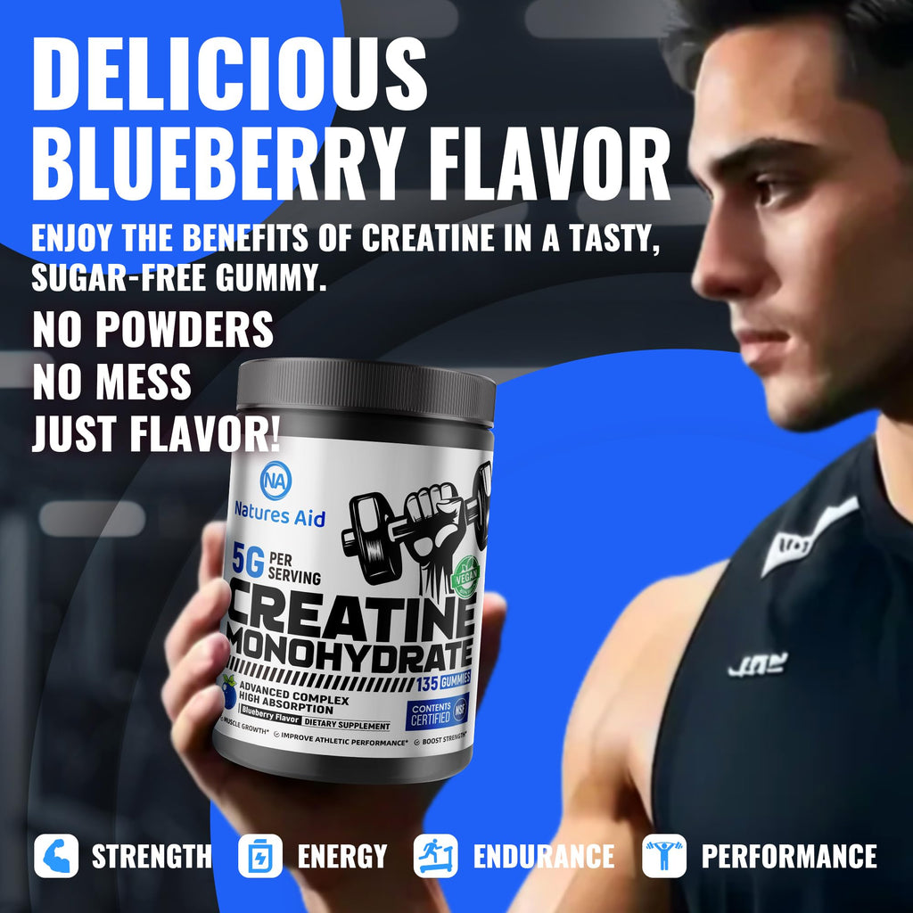 Natures Aid NSF Certified Creatine Gummy 5g - Creatine Monohydrate Gummies – Pre-Workout Energy & Muscle Growth Support for Men & Women