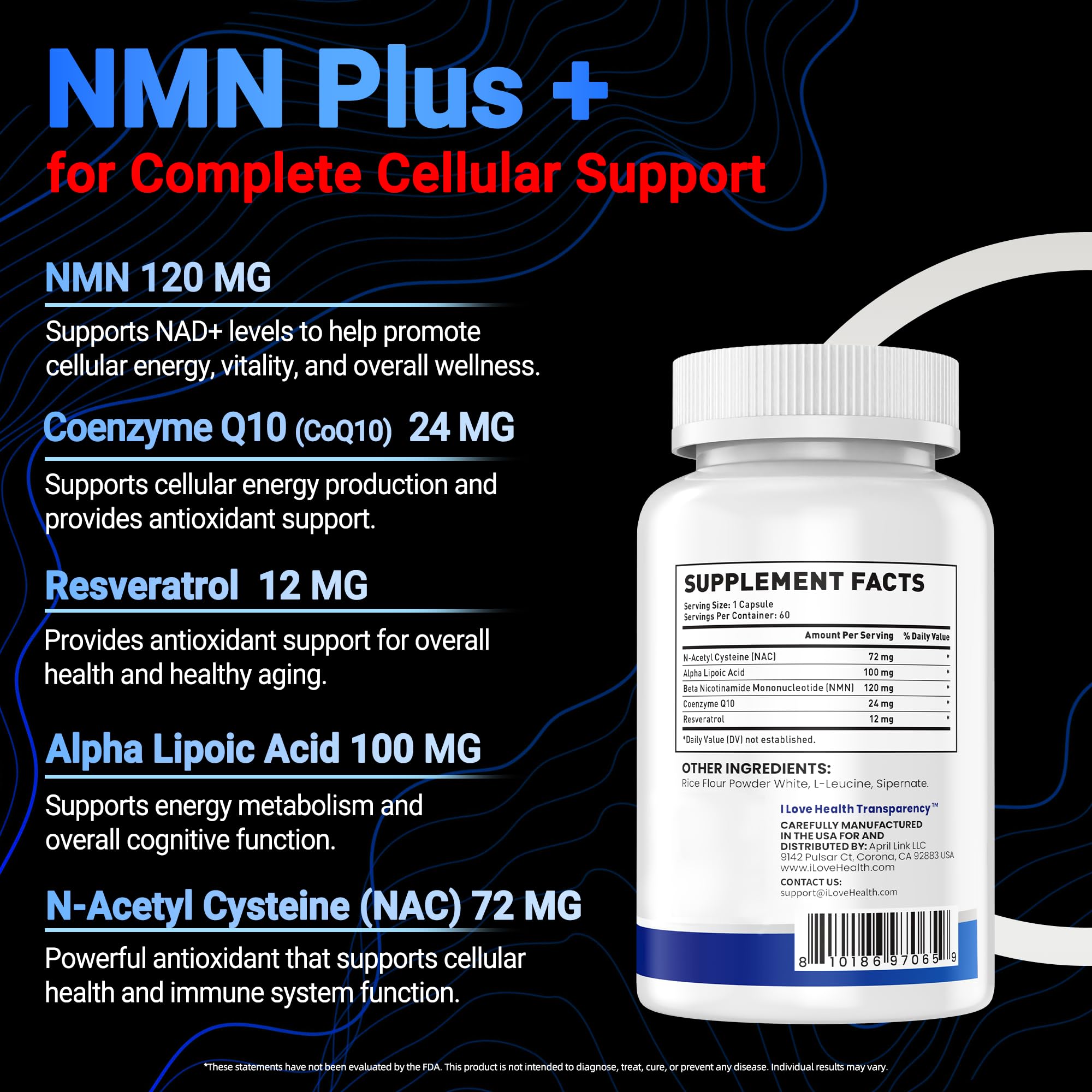 I LOVE HEALTH NMN Supplement, 5-in-1 Complex with NAC, Alpha Lipoic Acid, CoQ10 & Resveratrol - High Absorption Anti Aging Formula - Third Party Tested, cGMP, Gluten Free - 60 Capsules I LOVE HEALTH Au supplements
