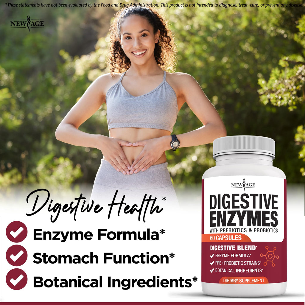 NEW AGE Digestive Enzymes for Gut Health - Probiotic Multi Enzymes with Prebiotics and Probiotics with Lipase for Women and Men for Digestive Health,