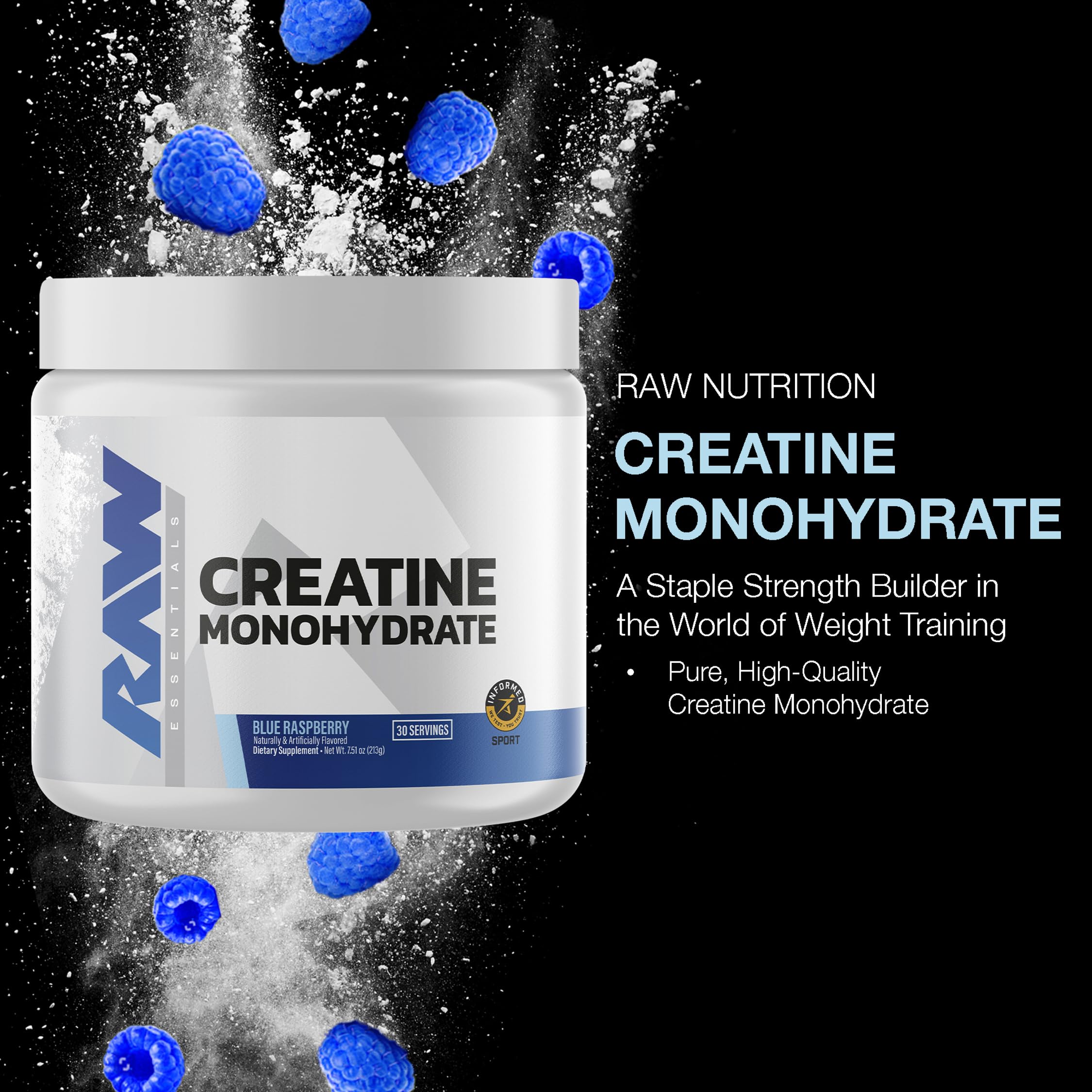 RAW Nutrition Creatine Monohydrate Powder, Blue Raspberry (30 Servings) - Micronized Creatine Monohydrate Supplement for Workout Performance, Build Muscle & Strength