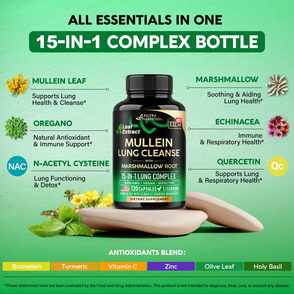 Mullein Lung Detox - Mullein Leaf Extract - Marshmallow Root | Echinacea | Oregano | Quercetin | NAC - 15-in-1 Lung Support & Cleanse for Smokers Supplement