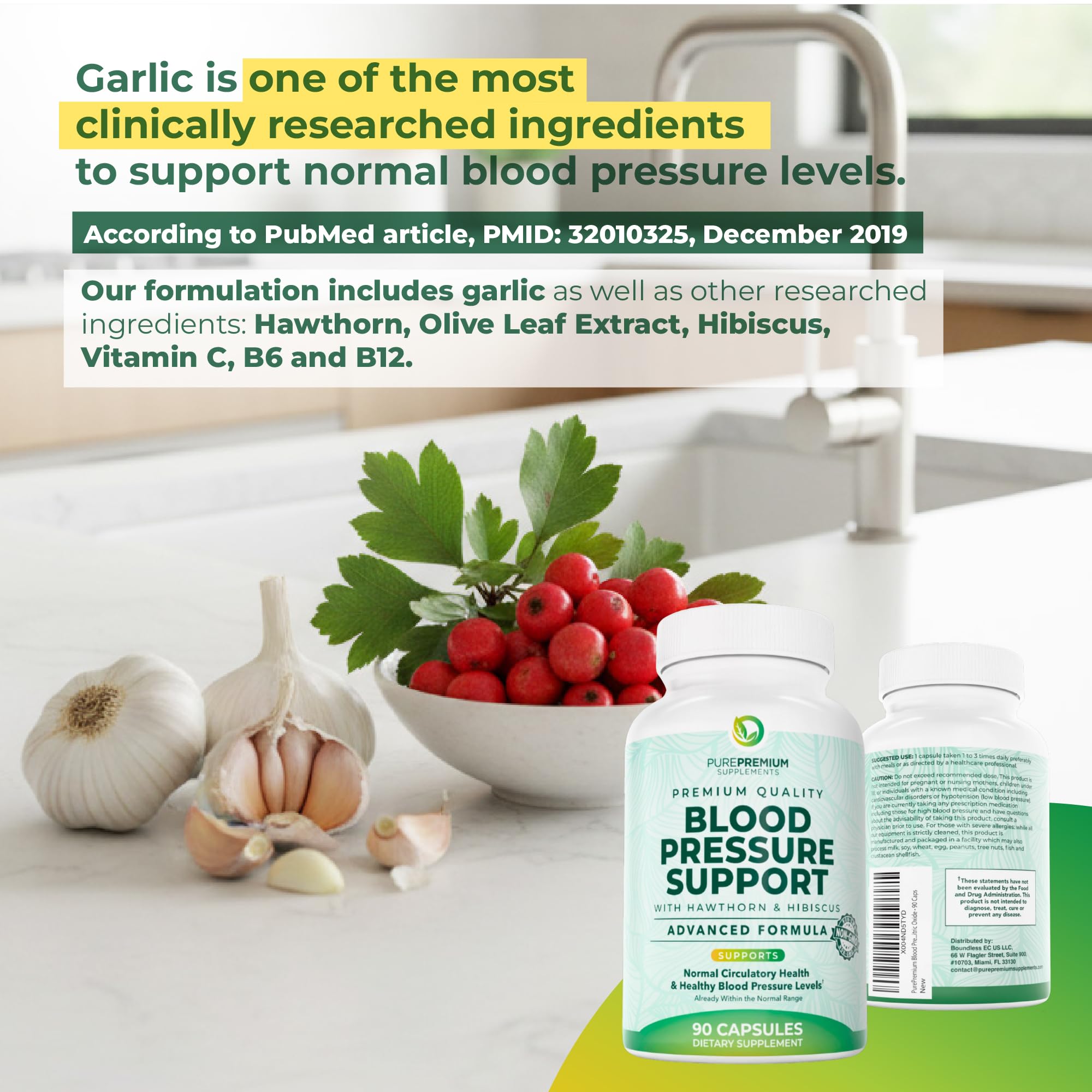 PurePremium Blood Pressure Supplements with Hawthorn Berry, Hibiscus, Garlic & Vitamin B12- Nitric Oxide Supplement for Normal Heart Health