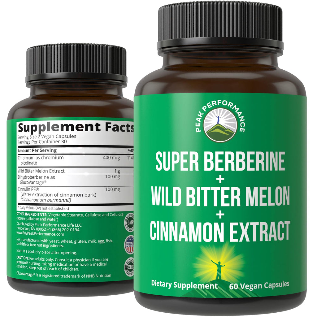 Ultra High Strength 4-in-1 Super Berberine Patented GlucoVantage + Wild Bitter Melon + Cinnamon Extract + Chromium Picolinate Vegan Capsules. Great Supplement to Support After-Meal Spikes and Energy Peak Performance Au supplements