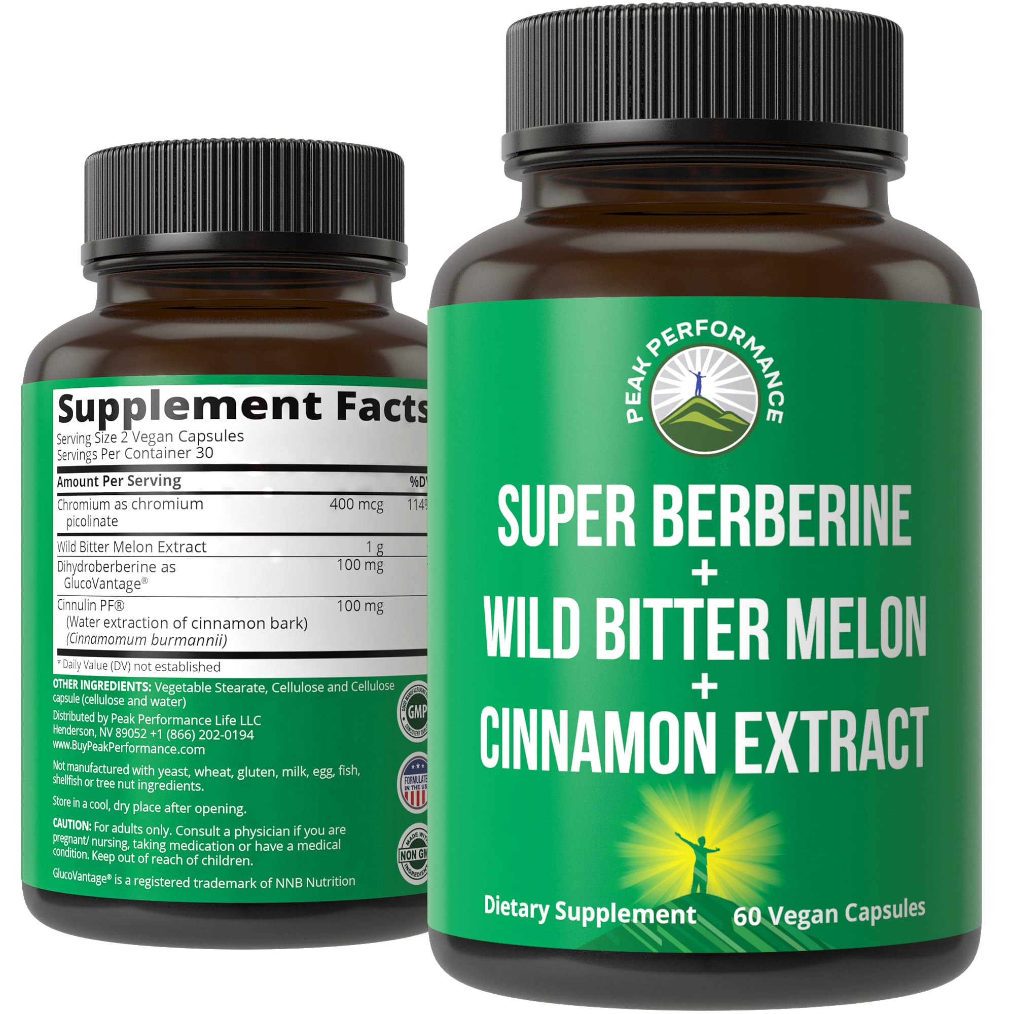 Ultra High Strength 4-in-1 Super Berberine Patented GlucoVantage + Wild Bitter Melon + Cinnamon Extract + Chromium Picolinate Vegan Capsules. Great Supplement to Support After-Meal Spikes and Energy Peak Performance Au supplements