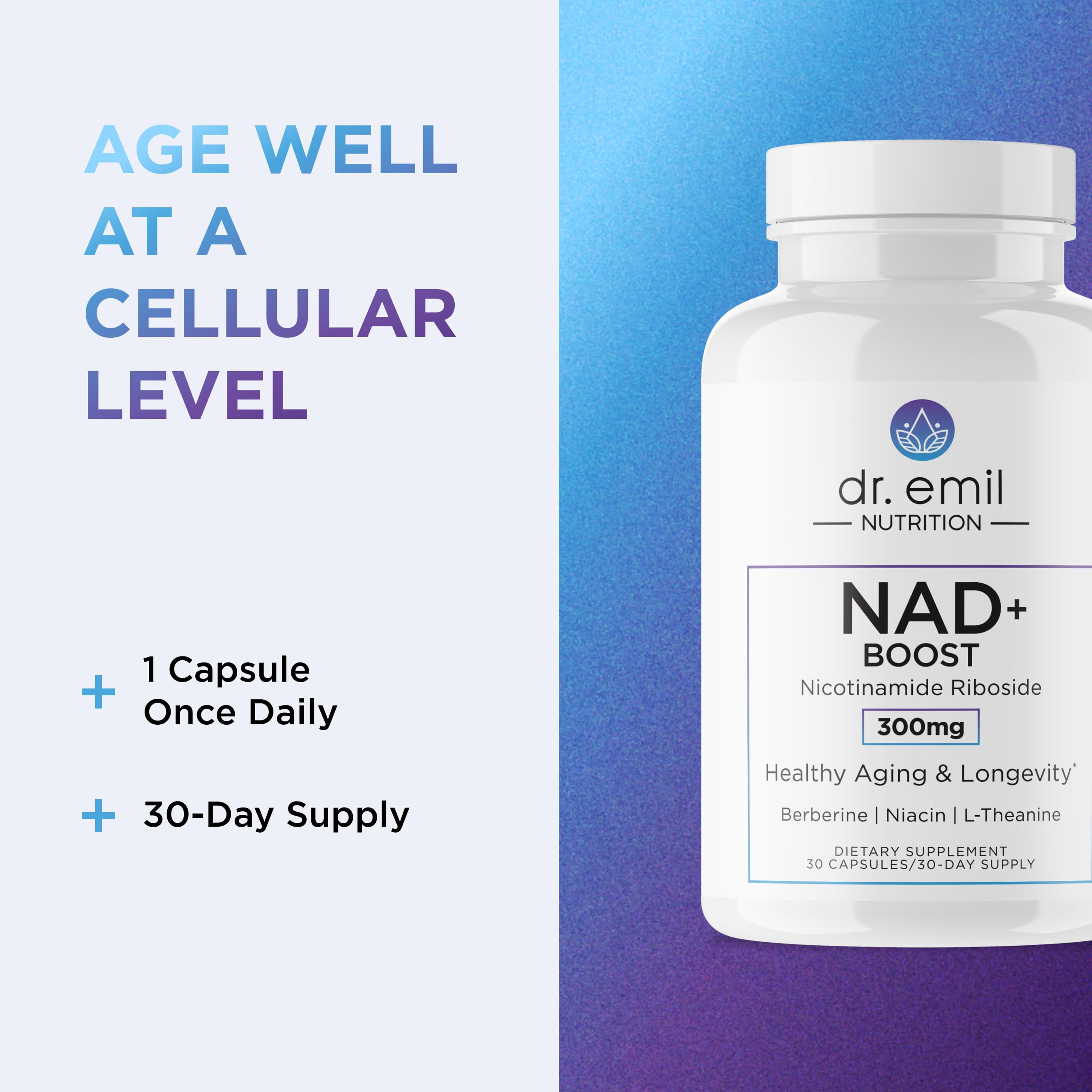 DR. EMIL NUTRITION NAD+ Boost - Nicotinamide Riboside Supplement for Longevity, Healthy Aging & Cellular Regeneration - NAD Supplement with with Berberine, L-Theanine & Niacin - 30-Day Supply DR. EMIL NUTRITION Au supplements