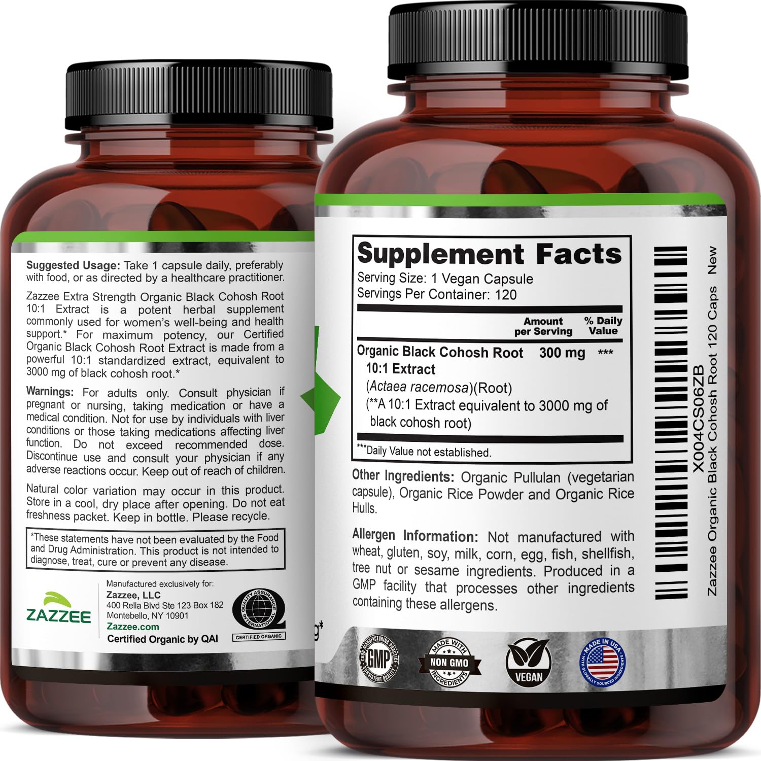 Zazzee USDA Organic Black Cohosh 10:1 Extract, 120 Vegan Capsules, 4 Month Supply, Actaea Racemosa, Women’s Health & Hormonal Balance Support,