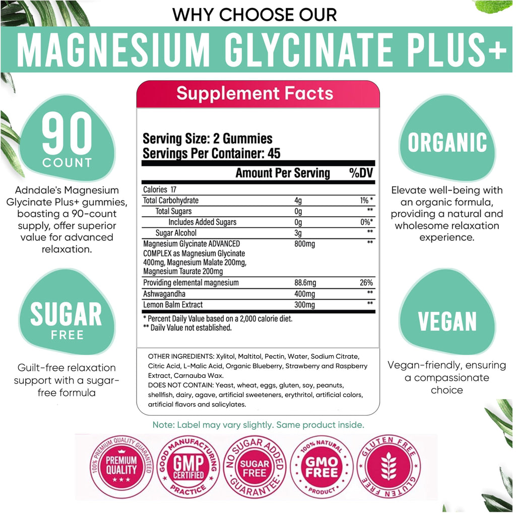 Adndale 180 CT Magnesium Glycinate Gummies 400 mg/Serv with Ashwagandha, Magnesium Malate & Taurate