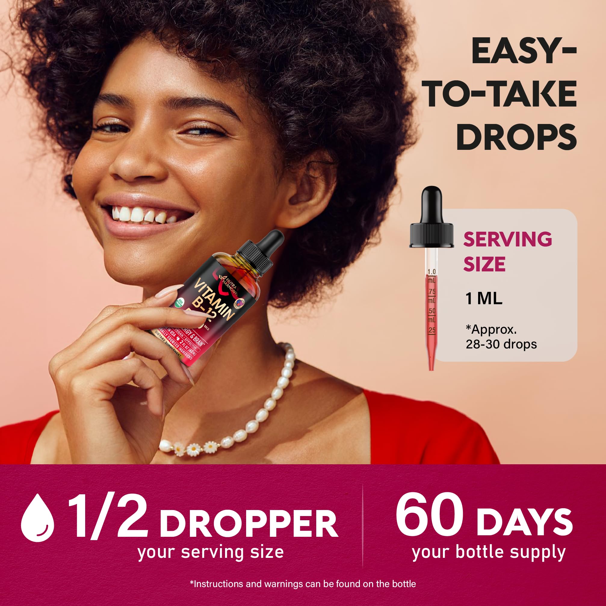 USDA Organic Vitamin B12 Sublingual Drops - 5000 mcg Liquid Vegan Methylcobalamin for Women & Men - Energy Boost, Focus & Mood, Brain Health Support