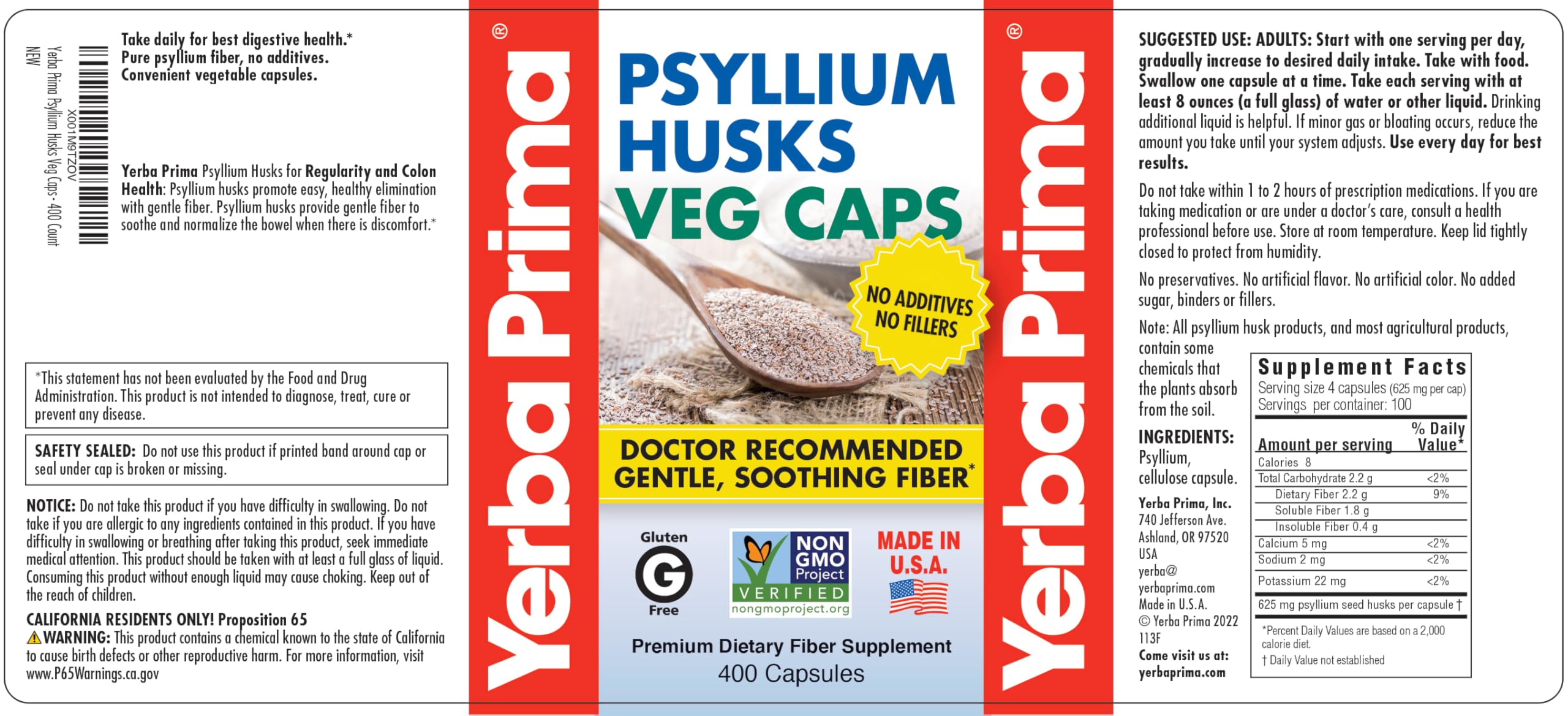 Yerba Prima Psyllium Husks Veg Caps, 400 Capsules (625mg) - Vegan, Non-GMO, Gluten Free, Colon Cleanser
