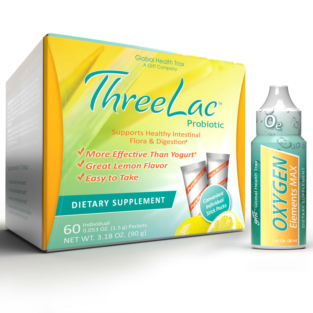 Global Health Trax Ultimate Gut & Oxygen Duo: ThreeLac Lemon Probiotic Powder (60 Packets) & Oxygen Elements Max Drops (1oz) - Digestive Support & Cellular Vitality ght Global Health Trax Au supplements