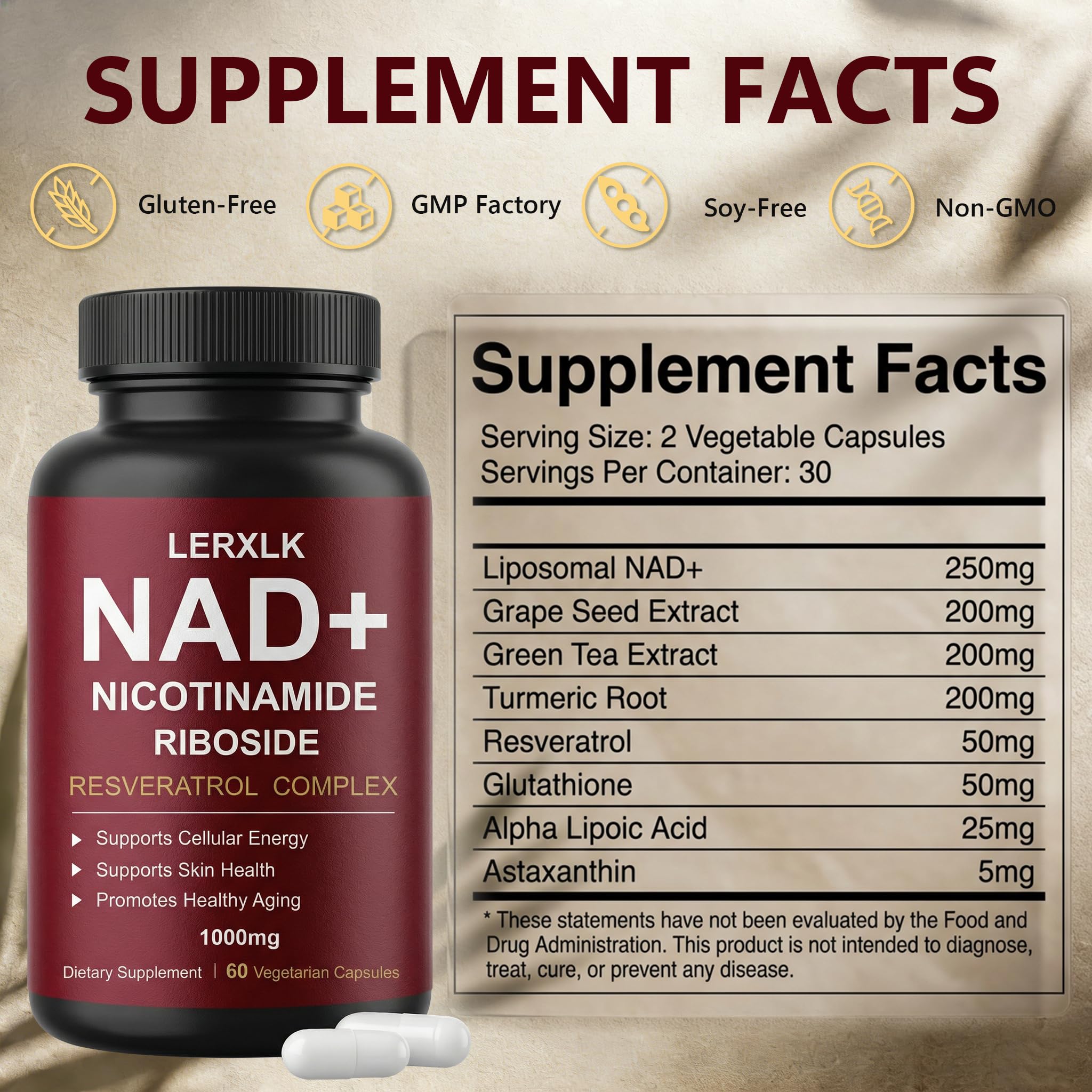 LERXLK NAD+ Supplement 1000mg – Liposomal Nicotinamide Riboside with Resveratrol, Advanced Cellular Energy & Healthy Aging Support, 60 Vegetarian Capsules LERXLK Au supplements