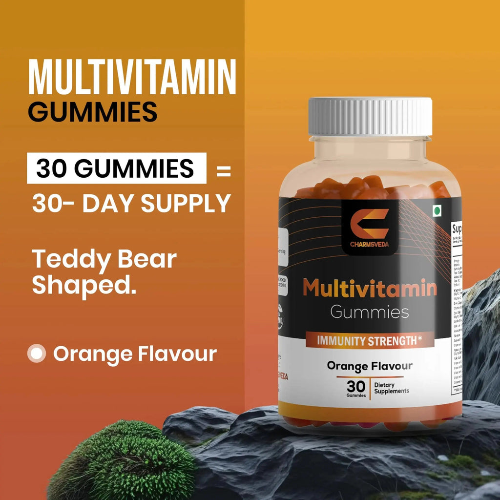 CHARMSVEDA Multivitamin Gummies – Energy, Immunity & Overall Wellness with DHA, Vitamin C, Zinc & Antioxidants – Orange Flavour – 30 Gummies CHARMSVEDA Au supplements