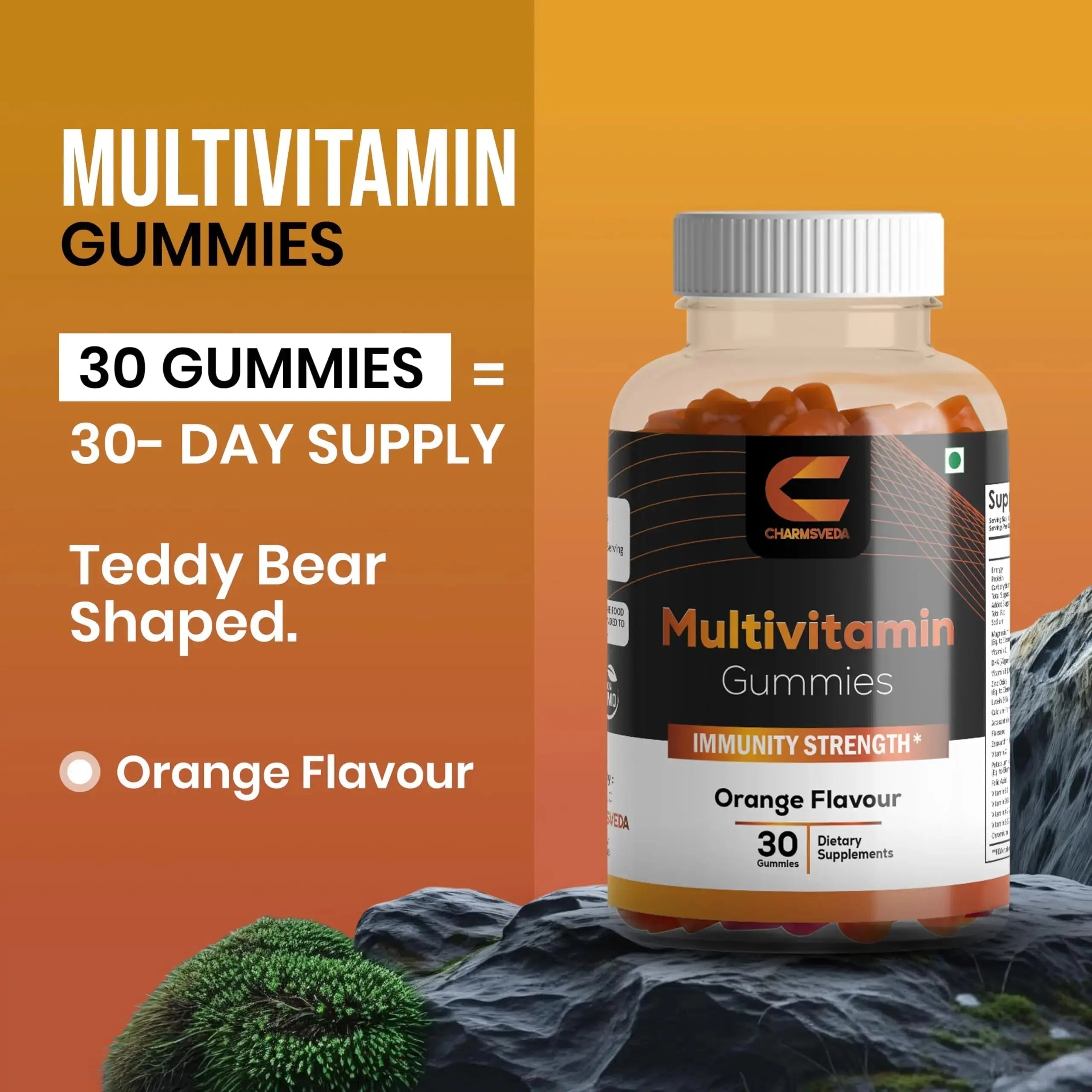 CHARMSVEDA Multivitamin Gummies – Energy, Immunity & Overall Wellness with DHA, Vitamin C, Zinc & Antioxidants – Orange Flavour – 30 Gummies CHARMSVEDA Au supplements