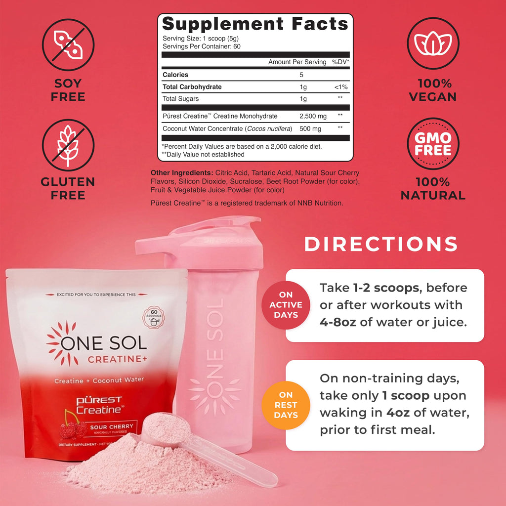 One Sol Creatine for Women, All Natural Women's Creatine Powder w Pure Creatine & Coconut Water, Increase Lean Muscle Mass, Reduce Recovery Time, Promote Brain & Bone Health (Sour Cherry, 60 Servings)