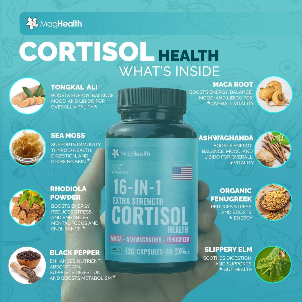 Cortisol Complex 16-in-1 Supplement for Women & Men | Stress Support Manager with Organic Ashwagandha, Maca Root, Rhodiola Rosea & Shilajit | Adaptogen Blend for Balance & Energy | 120 Capsules MagHealth Au supplements