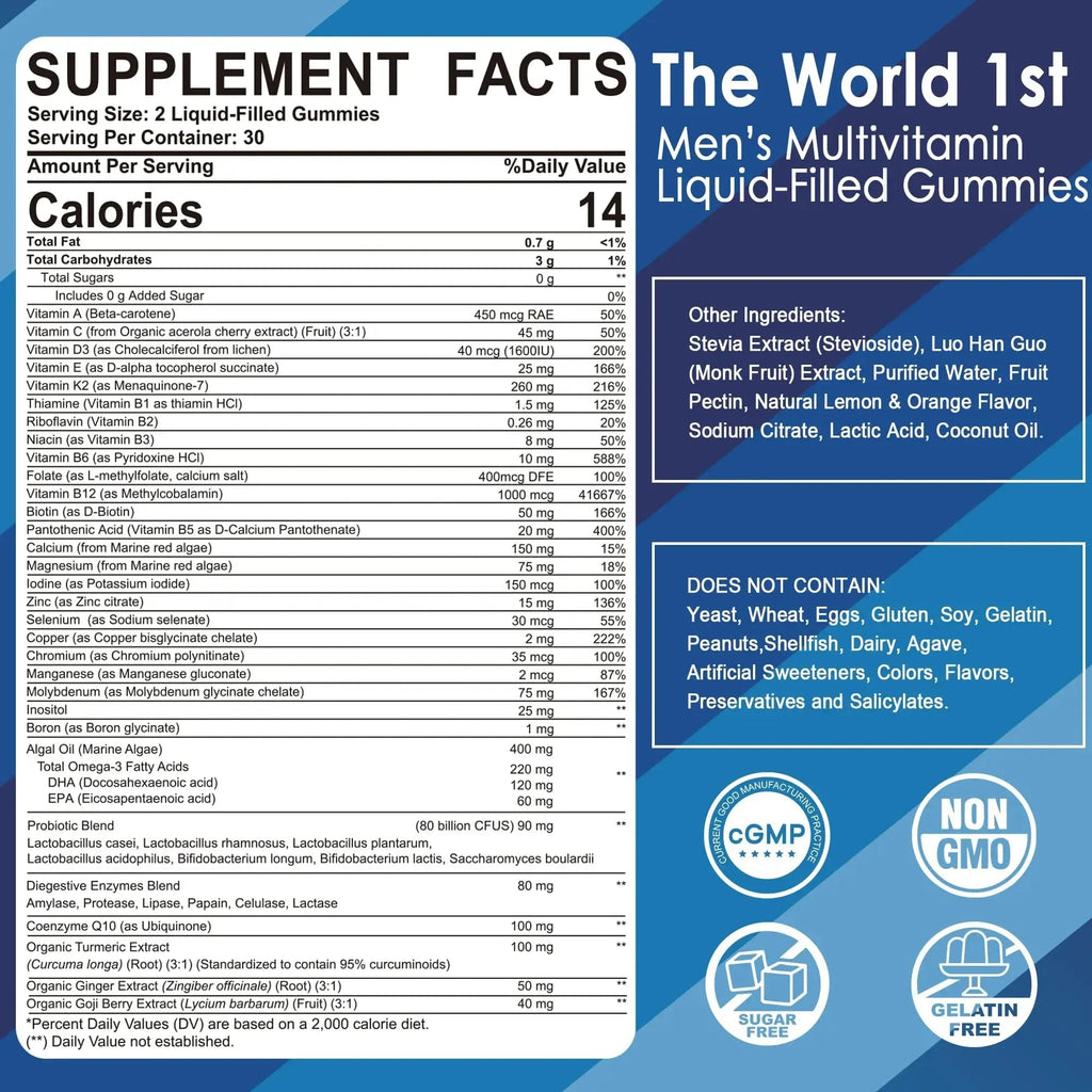 Mens Multivitamins Gummies, Methylated Multivitamin for Men, B Complex, Minerals, Vegan Omega 3, Probiotic, Enzyme LILICARE Au supplements