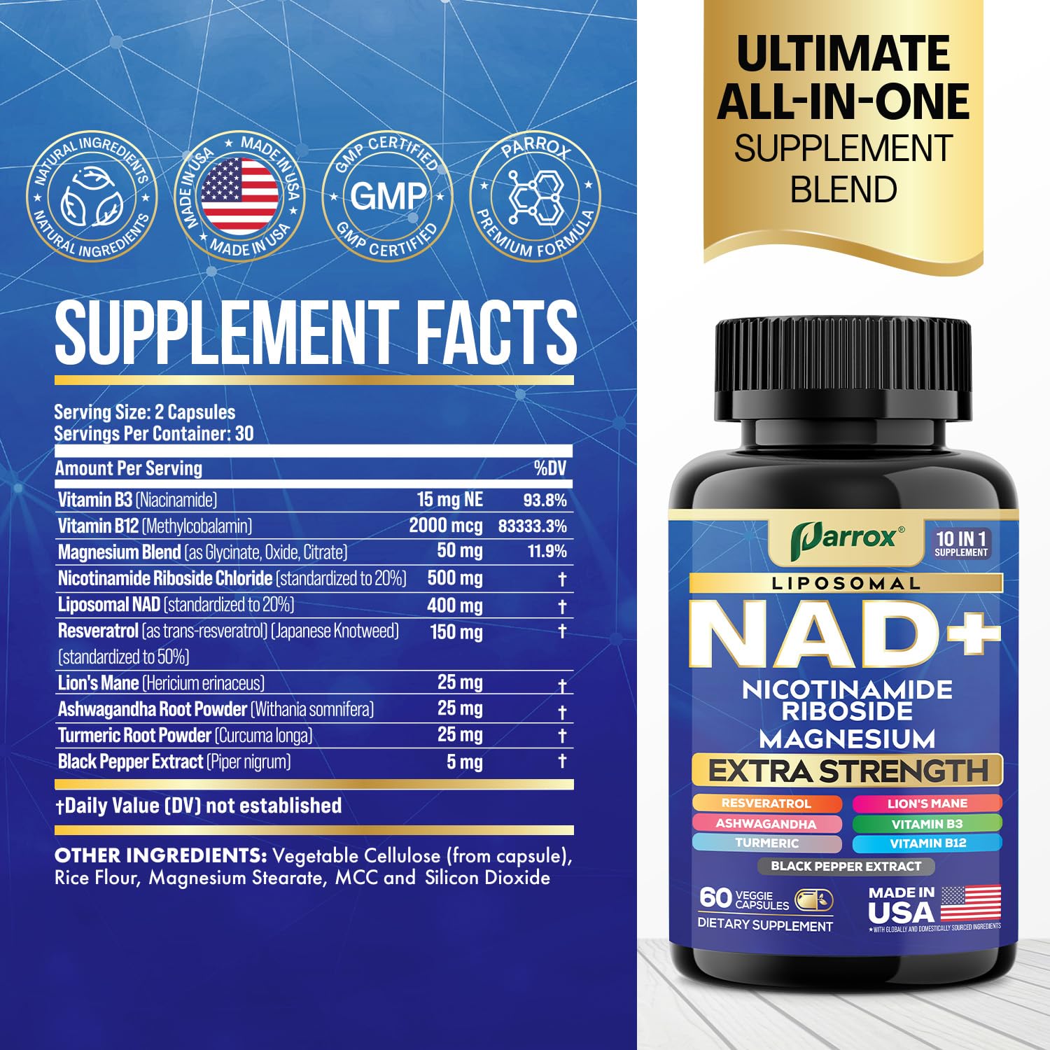 Parrox NAD+ Supplement with Liposomal NAD+, Nicotinamide Riboside, Magnesium, Vitamin B3 & B12, Resveratrol, Turmeric, Ashwagandha, Lion’s Mane,10-in-1 Extra Strength Parrox Au supplements