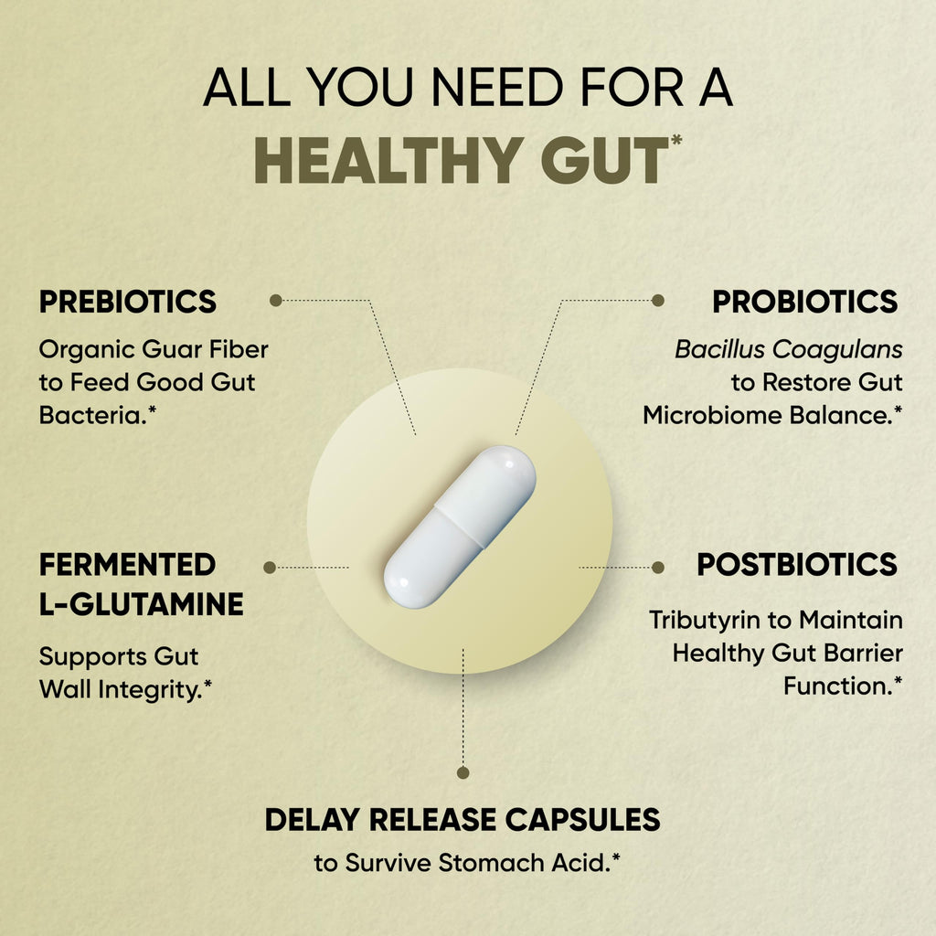 Sandhu's Gut Health - Prebiotic, Probiotic, Postbiotic & L-Glutamine | Digestive Health, Colon, Probiotic Total Supplements | 120 Delayed Release Capsules