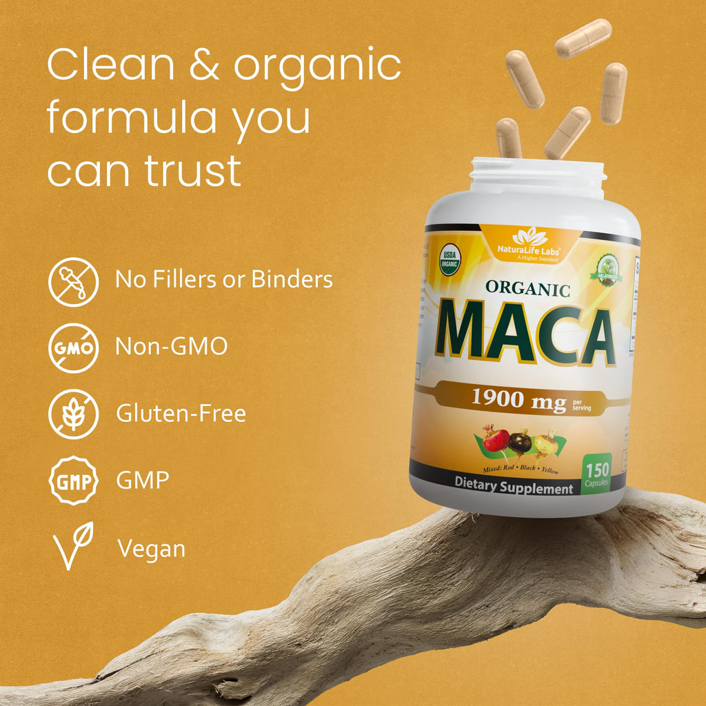 NaturaLife Labs Organic Maca Root – Black, Red & Yellow – 1900 mg per Serving – 150 Capsules – Gelatinized Peruvian Maca