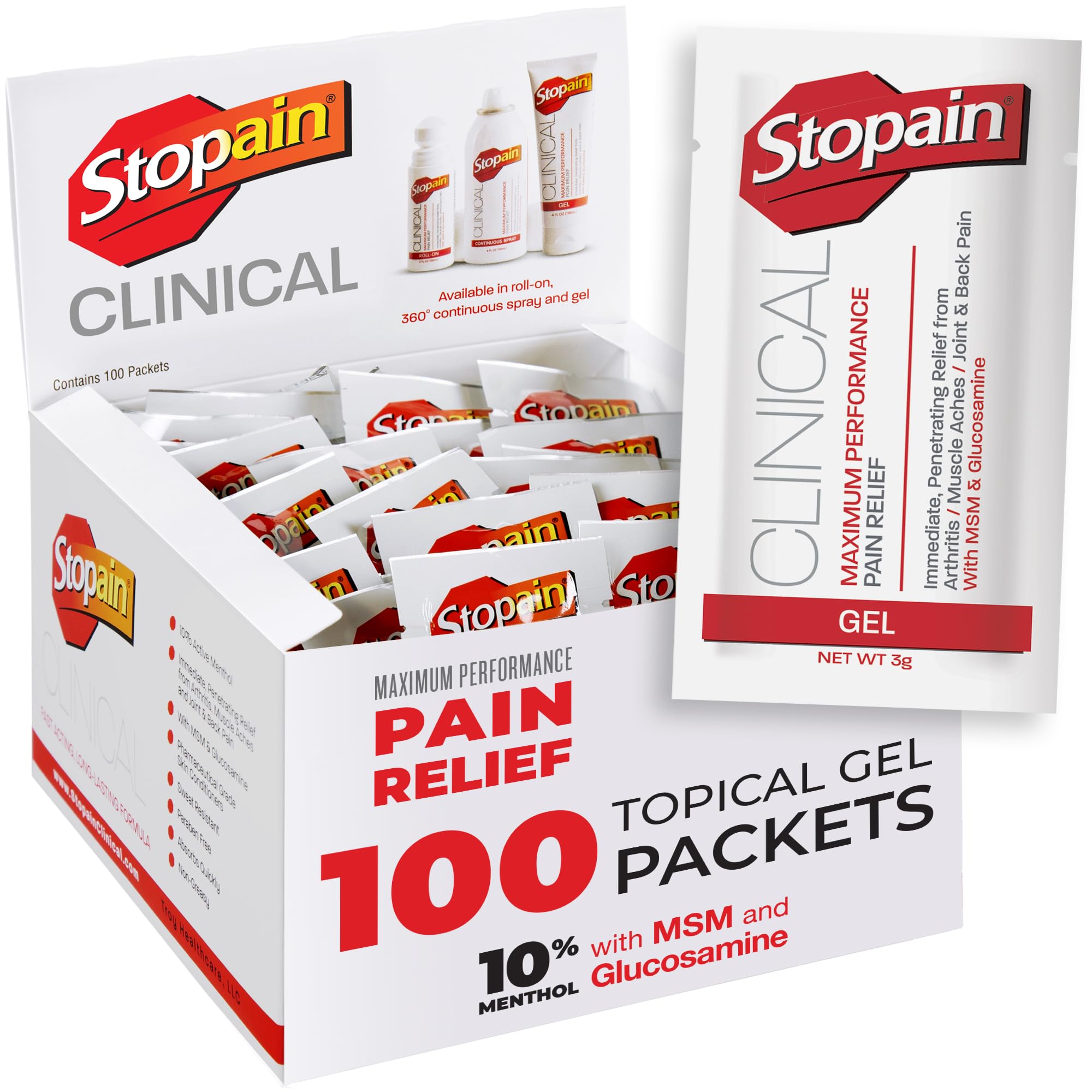 Stopain Pain Relief Clinical Gel Packets, Made in USA, Maximum Performance Pain Relief with 10% Menthol Plus Glucosamine for Muscle Aches, Joint Pain, and Arthritis (100 Pack) Stopain Au supplements