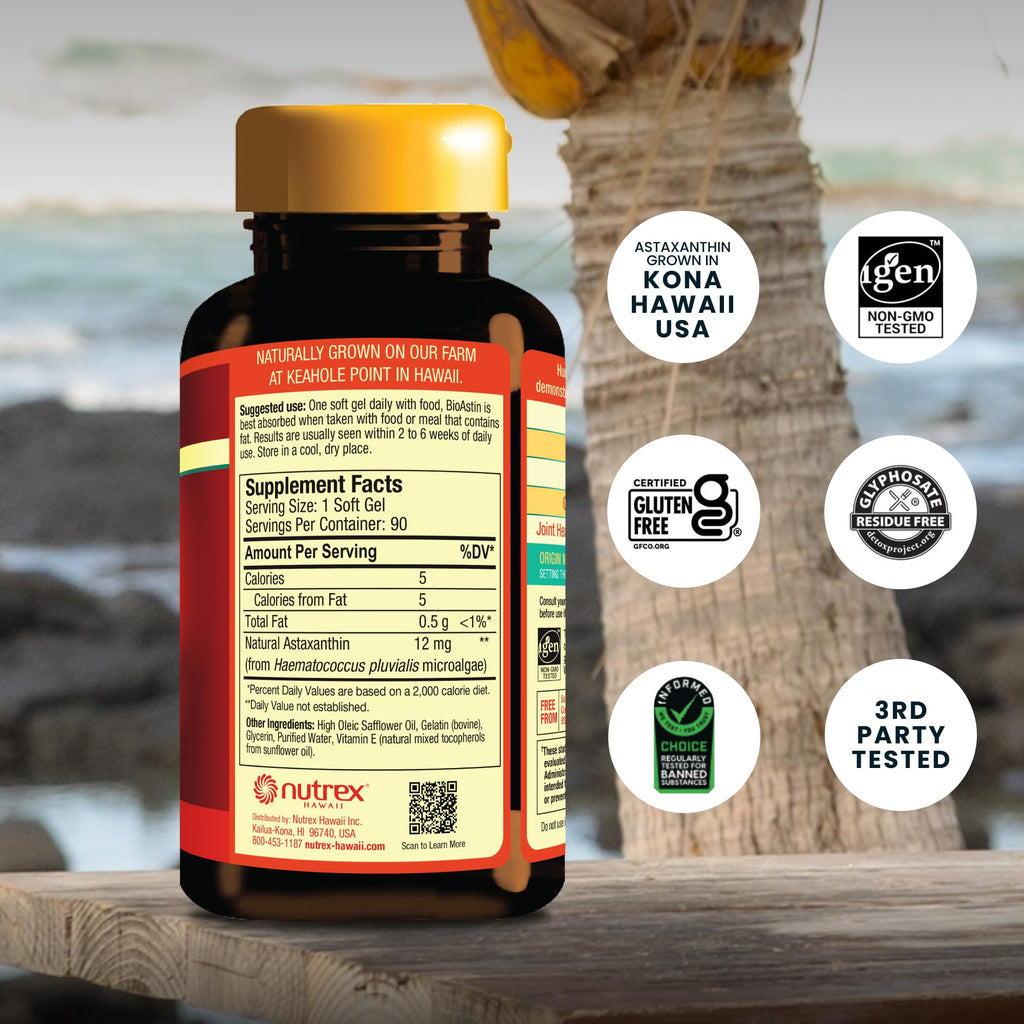 Nutrex Hawaii BioAstin Hawaiian Astaxanthin - 12mg, 90 Softgels - Farm-Direct Premium Antioxidant Supplement to Support Eye, Skin