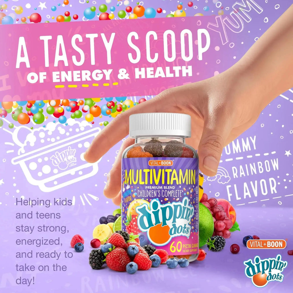 Dippin' Dots - Multivitamin Gummies for Kids Rainbow Fruit Flavor Complete Multivitamin Chewy Gummies Vitamin A, B, C, D3, E, B6, Zinc - 60 Count Vital+Boon Au supplements