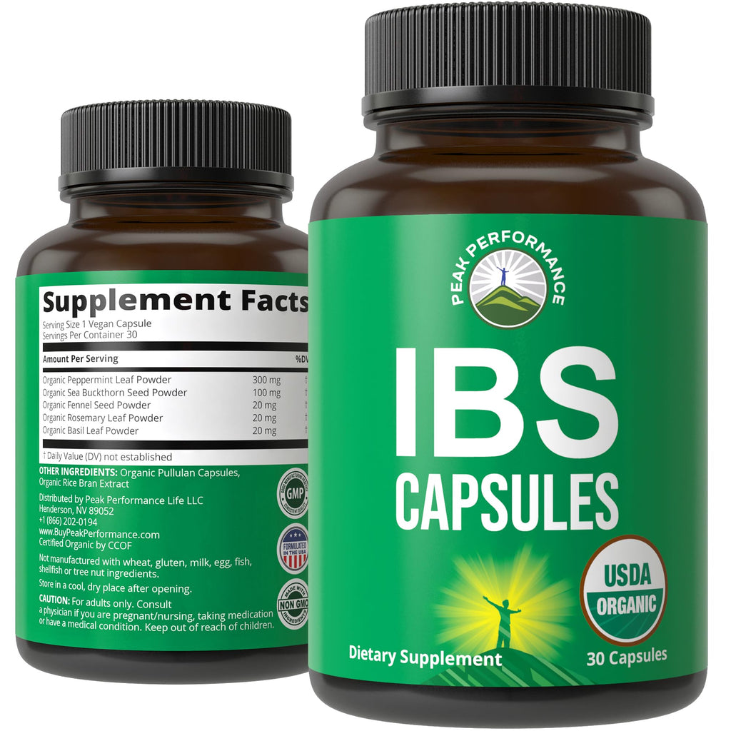 USDA Organic IBS Capsules for Relief, Ingestion, Bloating, Gas. Irritable Bowel Supplement with 5 Handpicked Organic Ingredients. Peppermint Oil, Sea Buckthorn, Fennel Seed, Rosemary Leaf, Basil Leaf Peak Performance Au supplements