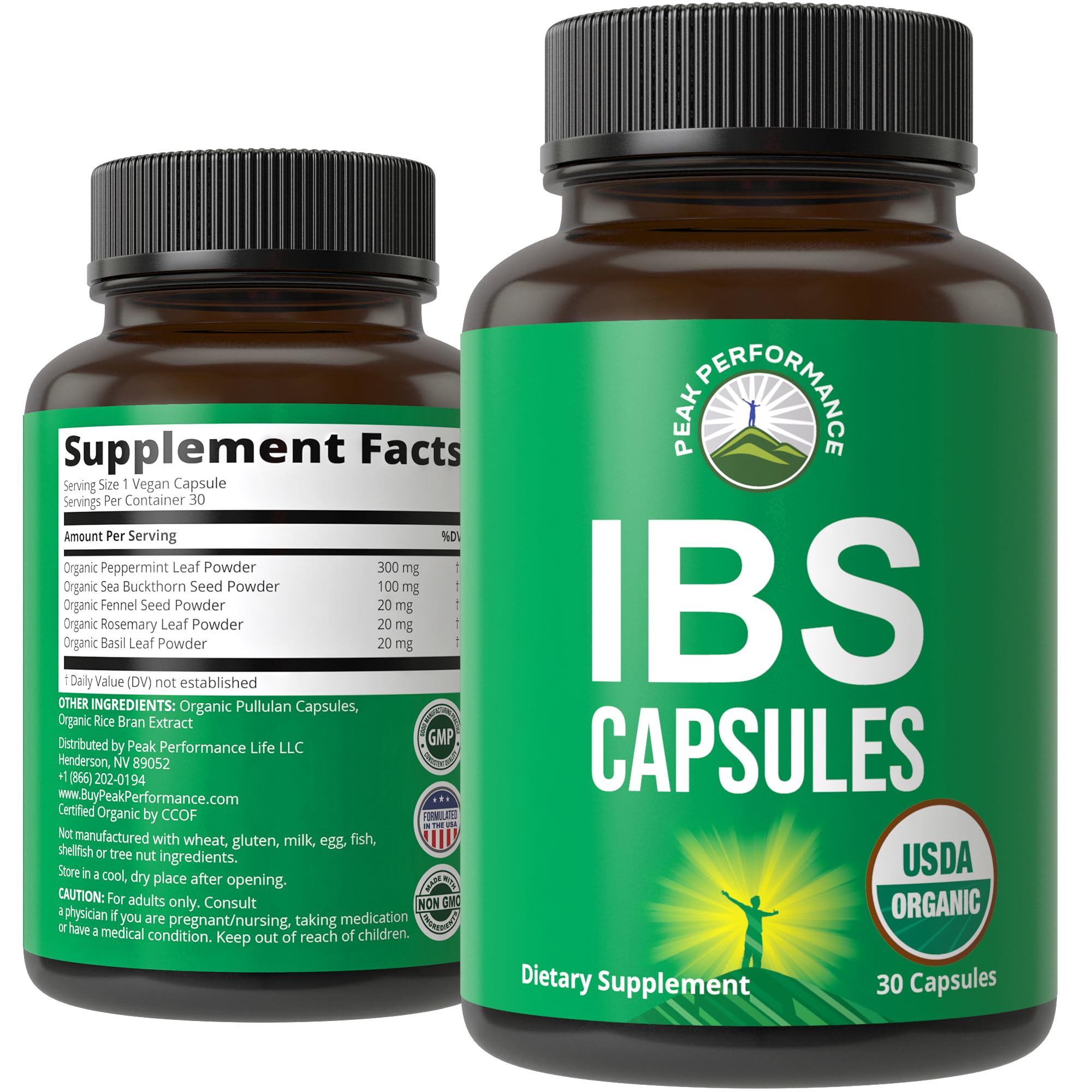 USDA Organic IBS Capsules for Relief, Ingestion, Bloating, Gas. Irritable Bowel Supplement with 5 Handpicked Organic Ingredients. Peppermint Oil, Sea Buckthorn, Fennel Seed, Rosemary Leaf, Basil Leaf Peak Performance Au supplements