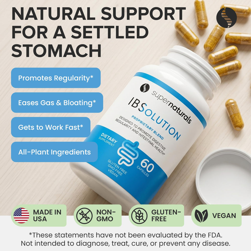 SuperNaturals IBSolution - Made in USA, Non-GMO, Gluten Free & Vegan (60 Capsules) - Digestive Gut Health Supplement With Psyllium Husk - Gas, Bloating, Diarrhea